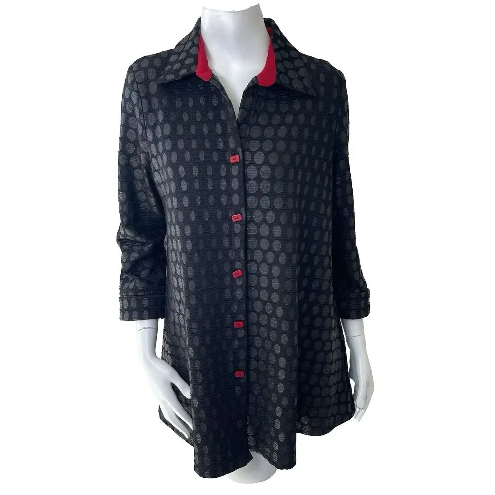 IC by Connie Mid Length Swing Light Jacket 10 Black Red Evening Office Artsy